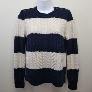 J Crew Wool XS Cable Knit Chunky Pullover Sweater Nautical Navy Blue Cream Strip